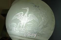 Victorian French Baccarat Acid Etched Crane Birds Satin Glass Oil Lamp Shade&Tag
