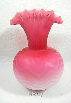 Victorian Frilled Vase White to Cranberry Webbed Herringbone Pattern withEnamel
