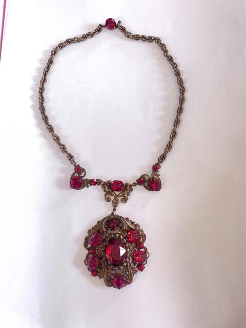 Victorian Gilt Brass Czech Vibrant Ruby Red Glass Necklace By Leo Glass 1930s