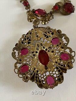 Victorian Gilt Brass Czech Vibrant Ruby Red Glass Necklace By Leo Glass 1930s