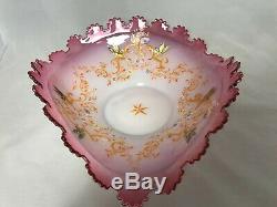 Victorian Glass Brides Basket Tri Fold Bowl-Enameled Scroll/Flowers/Butterfly