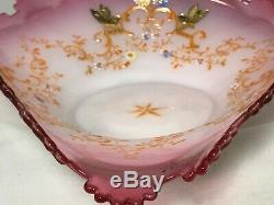 Victorian Glass Brides Basket Tri Fold Bowl-Enameled Scroll/Flowers/Butterfly