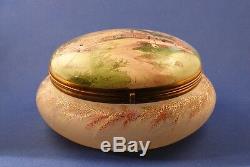 Victorian Glass Crystal Frosted Jar Handpainted Farm Scene Cherry Blossom c. 1900
