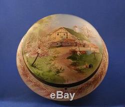 Victorian Glass Crystal Frosted Jar Handpainted Farm Scene Cherry Blossom c. 1900