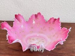 Victorian Glass Pink Bowl Bride Basket Enamel Flowers