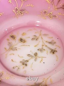 Victorian Glass Pink Bowl Bride Basket Enamel Flowers