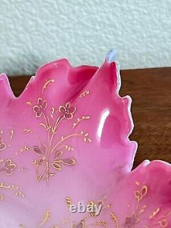 Victorian Glass Pink Bowl Bride Basket Enamel Flowers