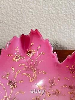 Victorian Glass Pink Bowl Bride Basket Enamel Flowers