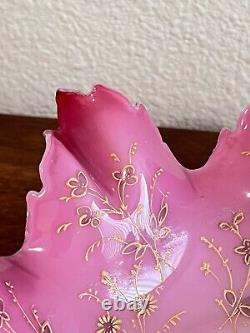 Victorian Glass Pink Bowl Bride Basket Enamel Flowers