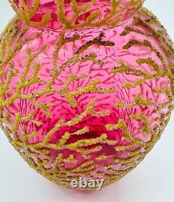 Victorian Glass Vase Coralene Gold Micro-Bead Over Cranberry C1890