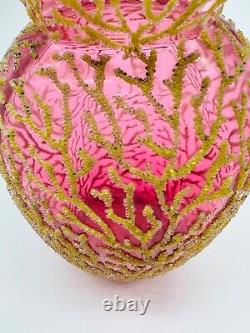 Victorian Glass Vase Coralene Gold Micro-Bead Over Cranberry C1890