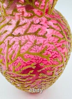 Victorian Glass Vase Coralene Gold Micro-Bead Over Cranberry C1890