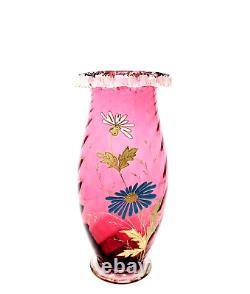 Victorian Glass Vase Hand Blown Applied Rigaree Rim Enamel Hand Painted Floral