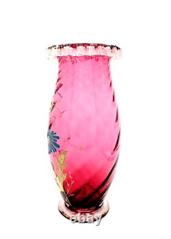 Victorian Glass Vase Hand Blown Applied Rigaree Rim Enamel Hand Painted Floral