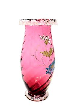 Victorian Glass Vase Hand Blown Applied Rigaree Rim Enamel Hand Painted Floral