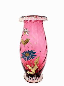 Victorian Glass Vase Hand Blown Applied Rigaree Rim Enamel Hand Painted Floral