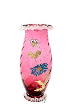 Victorian Glass Vase Hand Blown Applied Rigaree Rim Enamel Hand Painted Floral