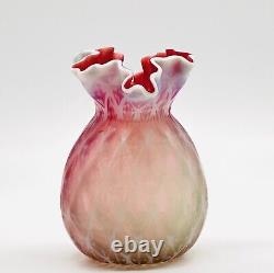 Victorian Glass Vase Satin With Ruffle Rim Crimp Edges Opalescent Over Red/Clear