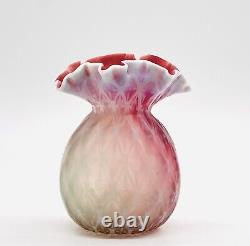 Victorian Glass Vase Satin With Ruffle Rim Crimp Edges Opalescent Over Red/Clear
