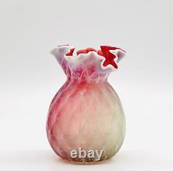 Victorian Glass Vase Satin With Ruffle Rim Crimp Edges Opalescent Over Red/Clear