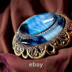 Victorian Gold Filled Pendant Necklace Blue Art Glass Ornate Design Antique 16