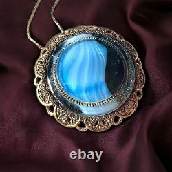 Victorian Gold Filled Pendant Necklace Blue Art Glass Ornate Design Antique 16