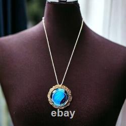 Victorian Gold Filled Pendant Necklace Blue Art Glass Ornate Design Antique 16