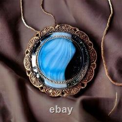 Victorian Gold Filled Pendant Necklace Blue Art Glass Ornate Design Antique 16