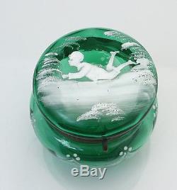 Victorian Green Art Glass Dresser Box with Mary Gregory Style Decoration