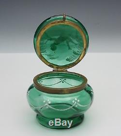 Victorian Green Art Glass Dresser Box with Mary Gregory Style Decoration