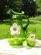 Victorian Green Art Glass Lemonade Pitcher Jug & Tumbler Enamel Blush Dogwood