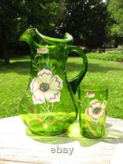 Victorian Green Art Glass Lemonade Pitcher Jug & Tumbler Enamel Blush Dogwood Victorian Green Art Glass Lemonade Pitcher Jug & Tumbler Enamel Blush Dogwood