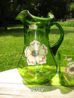 Victorian Green Art Glass Lemonade Pitcher Jug & Tumbler Enamel Blush Dogwood Victorian Green Art Glass Lemonade Pitcher Jug & Tumbler Enamel Blush Dogwood