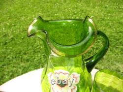 Victorian Green Art Glass Lemonade Pitcher Jug & Tumbler Enamel Blush Dogwood Victorian Green Art Glass Lemonade Pitcher Jug & Tumbler Enamel Blush Dogwood
