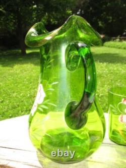 Victorian Green Art Glass Lemonade Pitcher Jug & Tumbler Enamel Blush Dogwood Victorian Green Art Glass Lemonade Pitcher Jug & Tumbler Enamel Blush Dogwood