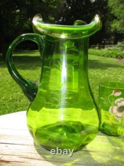 Victorian Green Art Glass Lemonade Pitcher Jug & Tumbler Enamel Blush Dogwood Victorian Green Art Glass Lemonade Pitcher Jug & Tumbler Enamel Blush Dogwood
