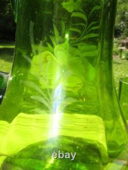Victorian Green Art Glass Lemonade Pitcher Jug & Tumbler Enamel Blush Dogwood Victorian Green Art Glass Lemonade Pitcher Jug & Tumbler Enamel Blush Dogwood