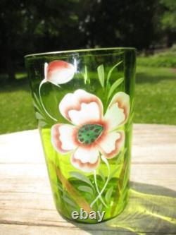 Victorian Green Art Glass Lemonade Pitcher Jug & Tumbler Enamel Blush Dogwood Victorian Green Art Glass Lemonade Pitcher Jug & Tumbler Enamel Blush Dogwood