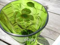 Victorian Green Art Glass Lemonade Pitcher Jug & Tumbler Enamel Blush Dogwood Victorian Green Art Glass Lemonade Pitcher Jug & Tumbler Enamel Blush Dogwood