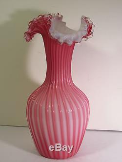 Victorian Hand Blown Art Glass Vase Cased Velvet Cut Pink Ribbed Over Milk Glass