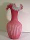 Victorian Hand Blown Art Glass Vase Cased Velvet Cut Pink Ribbed Over Milk Glass