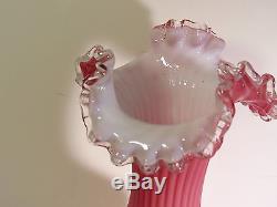 Victorian Hand Blown Art Glass Vase Cased Velvet Cut Pink Ribbed Over Milk Glass
