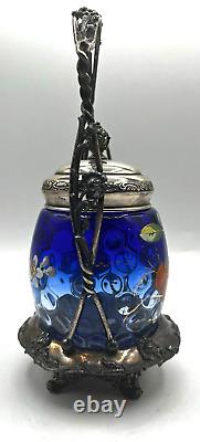 Victorian Hand Blown Coin Spot Bluerina Glass-Enameled Floral Pickle Castor