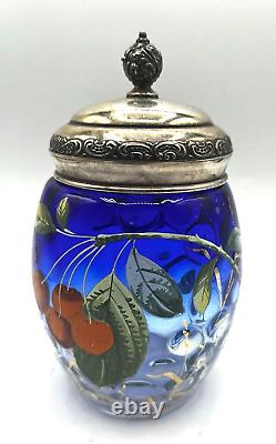 Victorian Hand Blown Coin Spot Bluerina Glass-Enameled Floral Pickle Castor