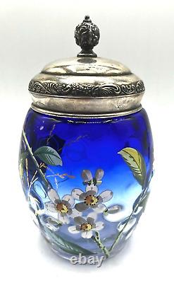 Victorian Hand Blown Coin Spot Bluerina Glass-Enameled Floral Pickle Castor