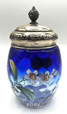 Victorian Hand Blown Coin Spot Bluerina Glass-Enameled Floral Pickle Castor