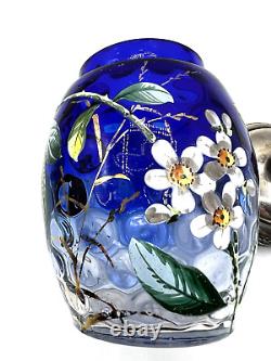 Victorian Hand Blown Coin Spot Bluerina Glass-Enameled Floral Pickle Castor