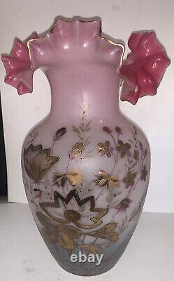 Victorian Hand Blown Frosted Satin Glass Vase Ruffled Rim GOLD Flowers CRANBERRY