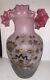 Victorian Hand Blown Frosted Satin Glass Vase Ruffled Rim Gold Flowers Cranberry