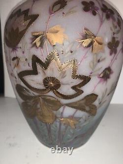 Victorian Hand Blown Frosted Satin Glass Vase Ruffled Rim GOLD Flowers CRANBERRY